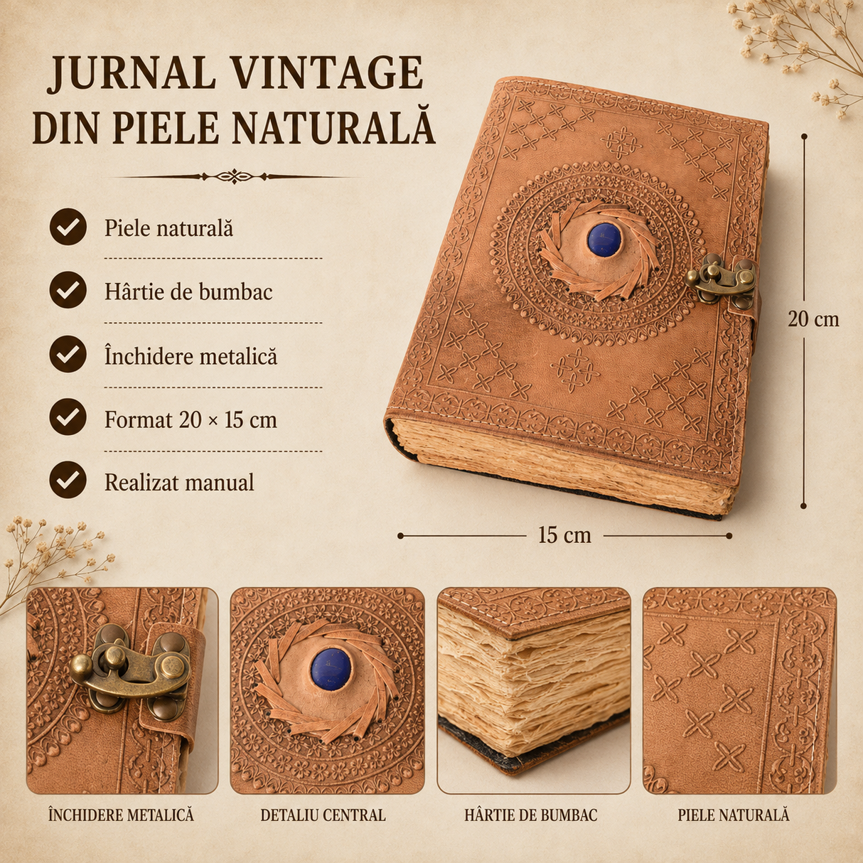 Hârtie de bumbac galbenă, aspect vintage, în jurnalul din piele