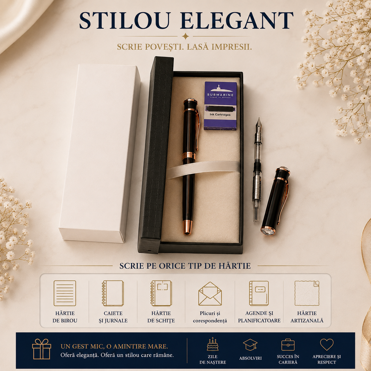Set stilou Submarine negru cu auriu în cutie de prezentare