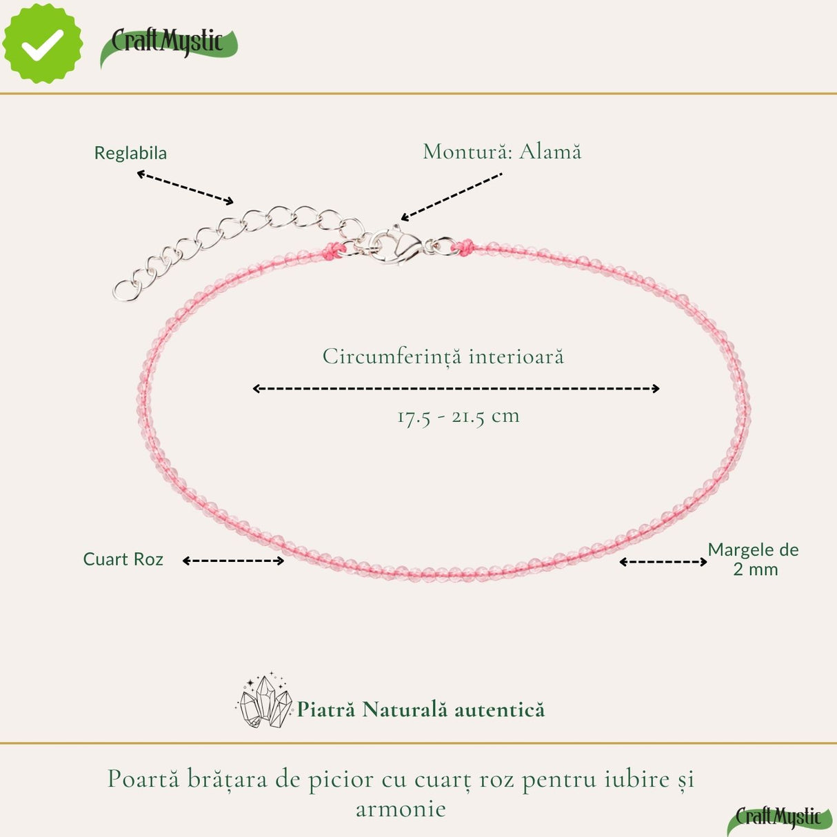Cuarț roz fațetat, pietre rotunde de 2 mm, pe brățară de picior
