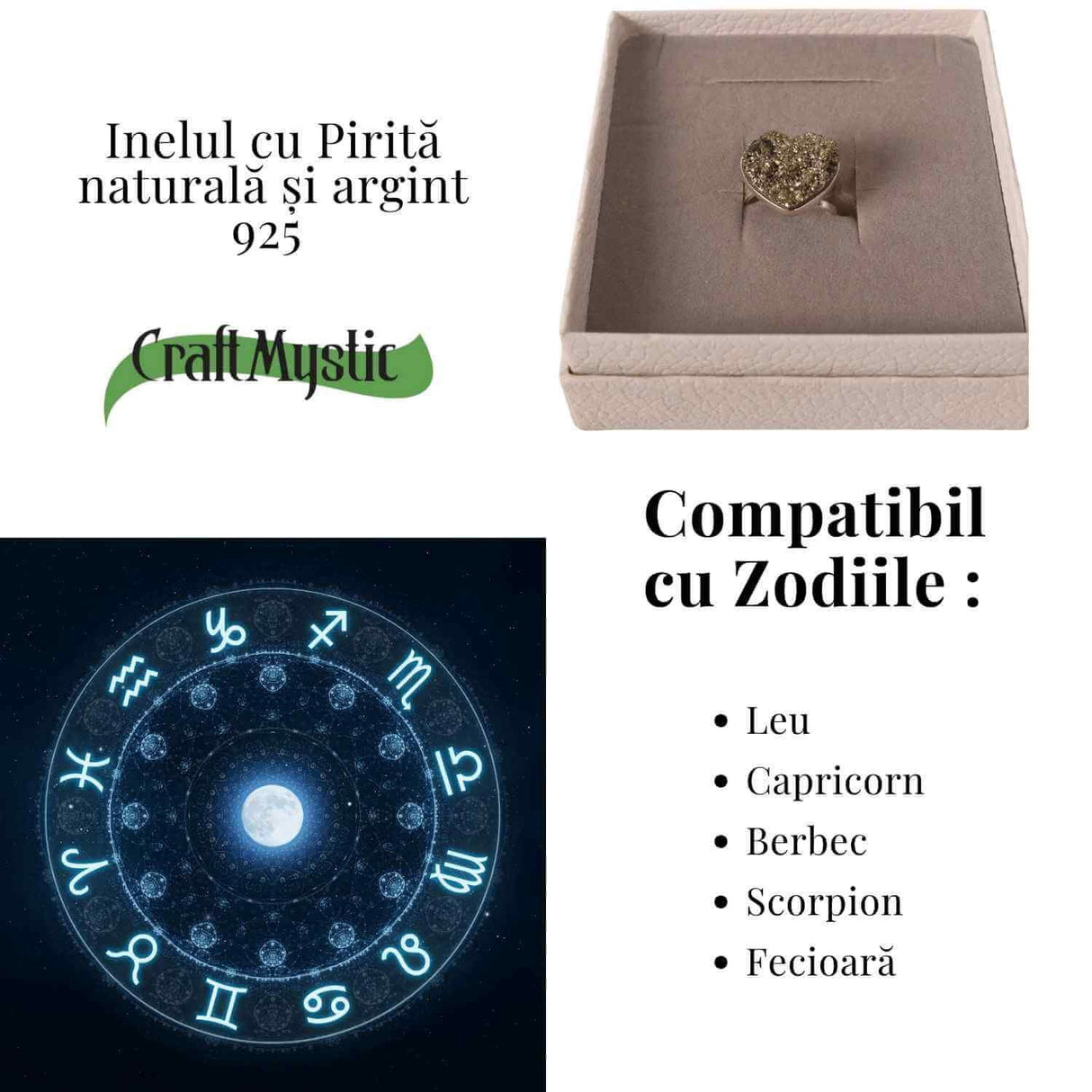 Inel din Argint 925 cu Pirita Naturala in Forma de Inima - Protectie si incredere in Sine