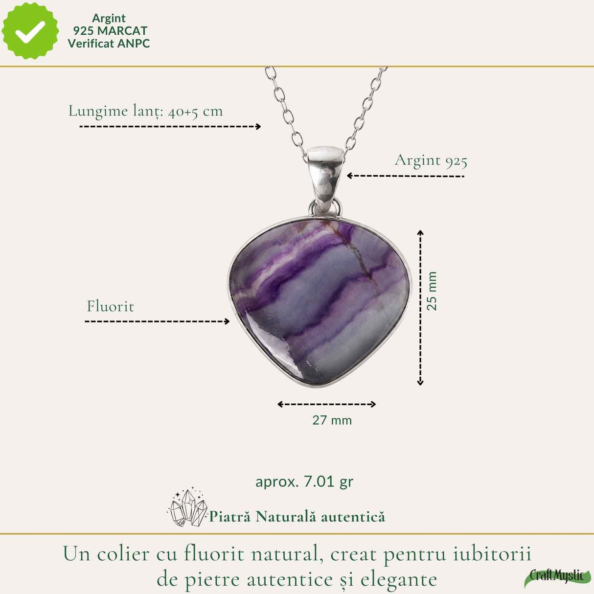 Colier Argint 925 cu Fluorit Natural – Claritate, Echilibru si Armonie