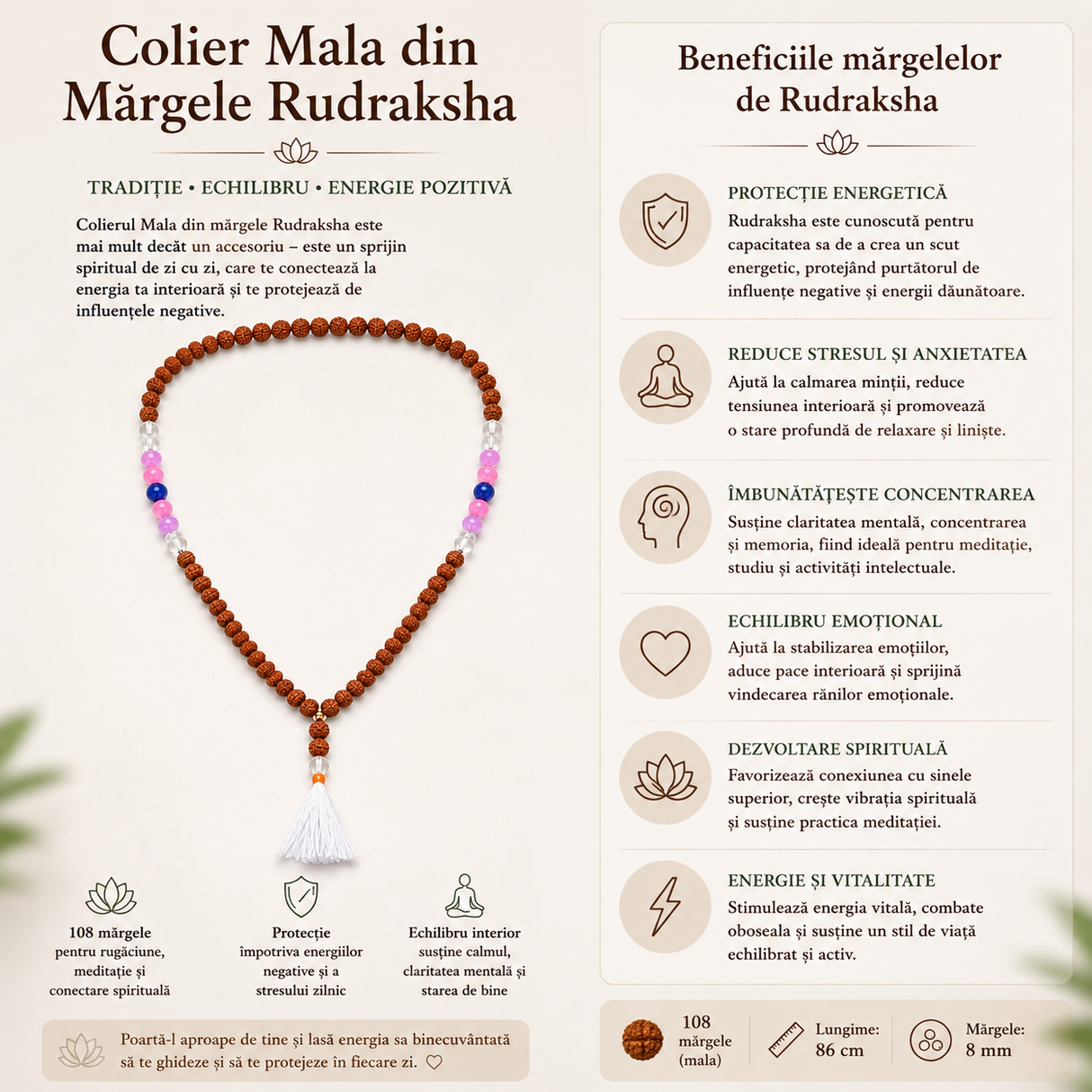 Colier Mala Rudraksha purtat, stil spiritual