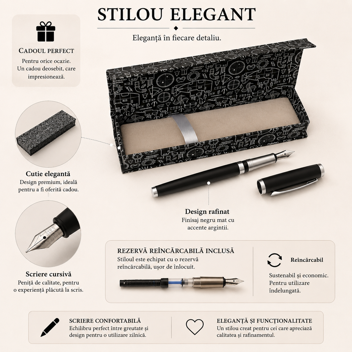 Stilou negru mat metalic cu prindere nealunecoasă