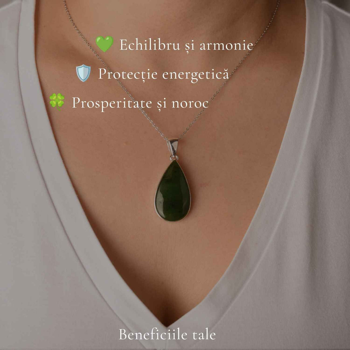 Colier Argint 925 cu Jad Nefrit Natural Lacrima – Simbol al Armoniei si Prosperitatii