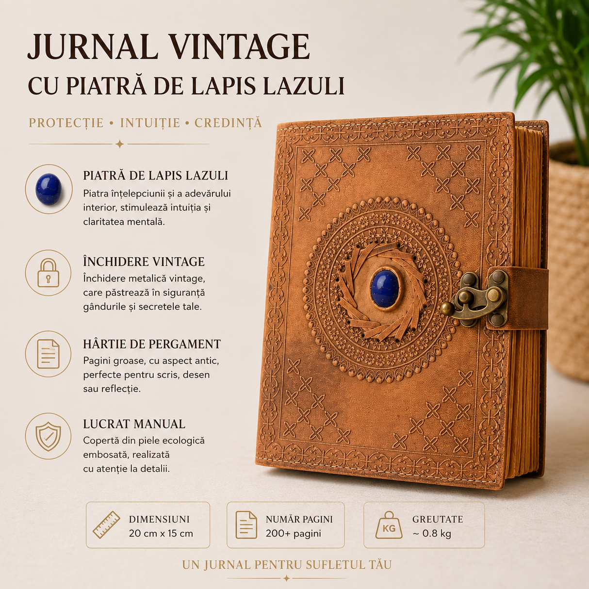 Jurnal din piele cu Lapis Lazuli, cadou pentru scris și introspecție