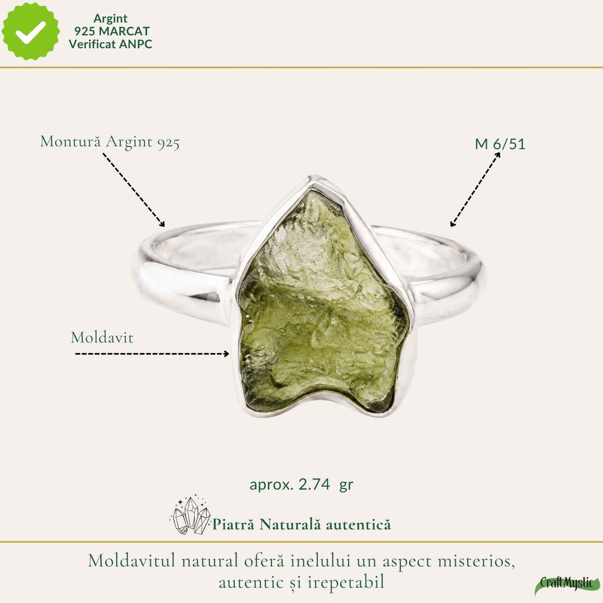 Inel din argint 925 cu Moldavit, cadou pentru iubitorii de cristale rare