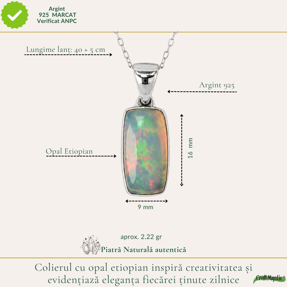 Colier Argint 925 cu Piatra Naturala de Opal Etiopian Dreptunghi – Creativitate si Inspiratie