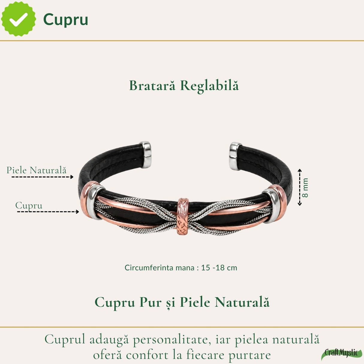 Cupru și piele naturală pe brățara bărbătească reglabilă