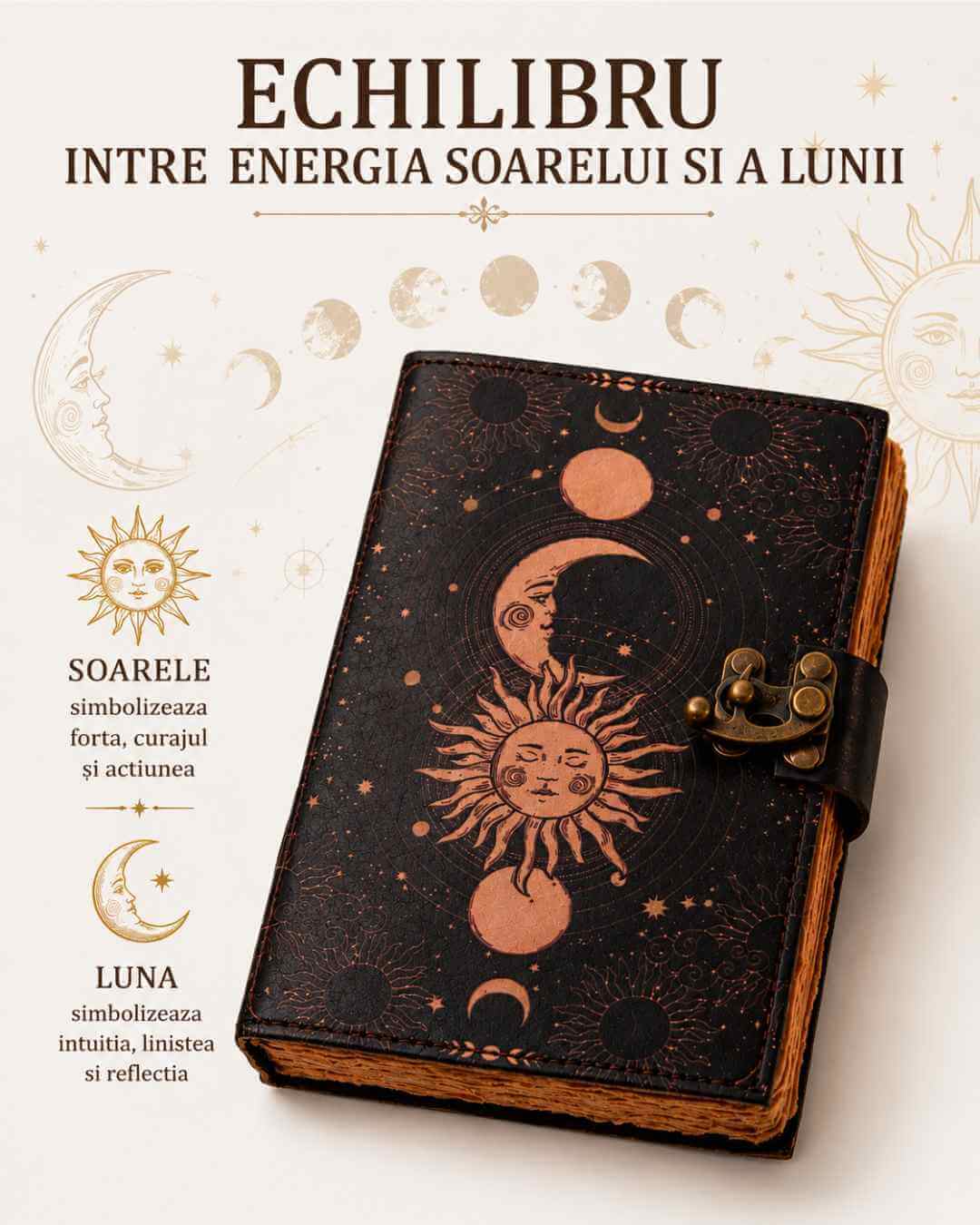 Jurnal Vintage din Piele cu Design Soare și Lună - Manual, cu Pagini de Hârtie tip pergament 190-200 Pagini