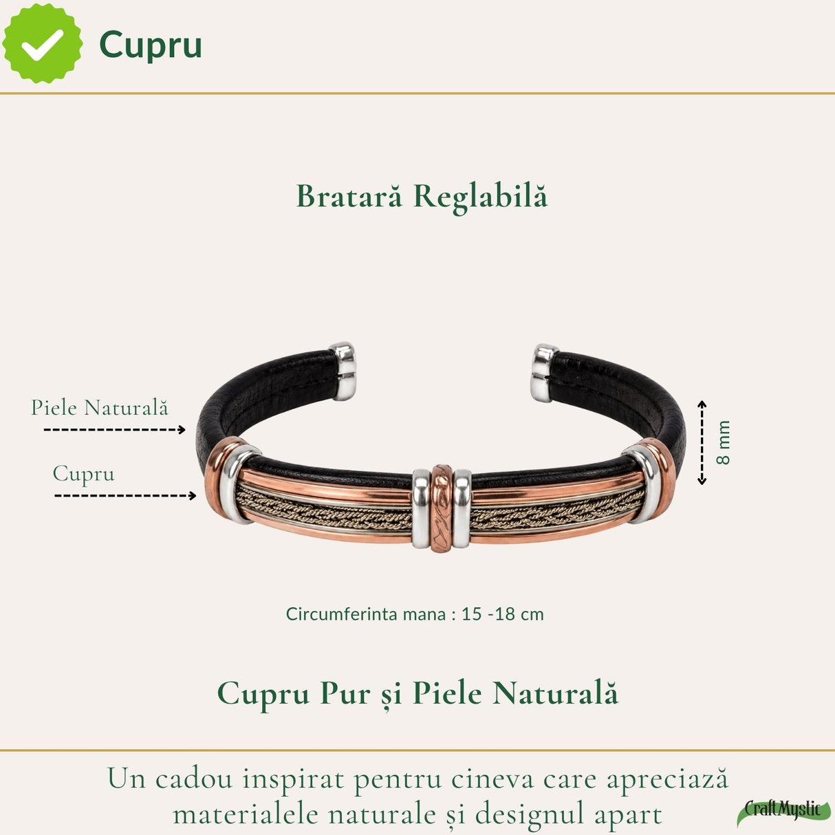 Cupru și piele naturală pe brățara bărbătească reglabilă