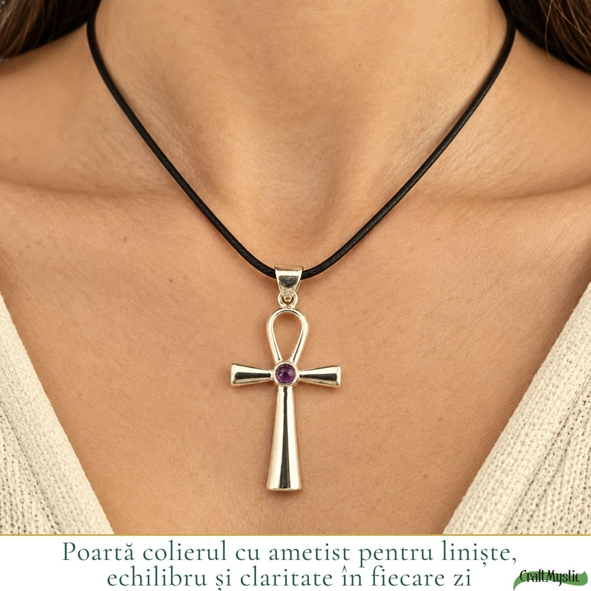Colier cu Ametist natural și pandantiv Ankh