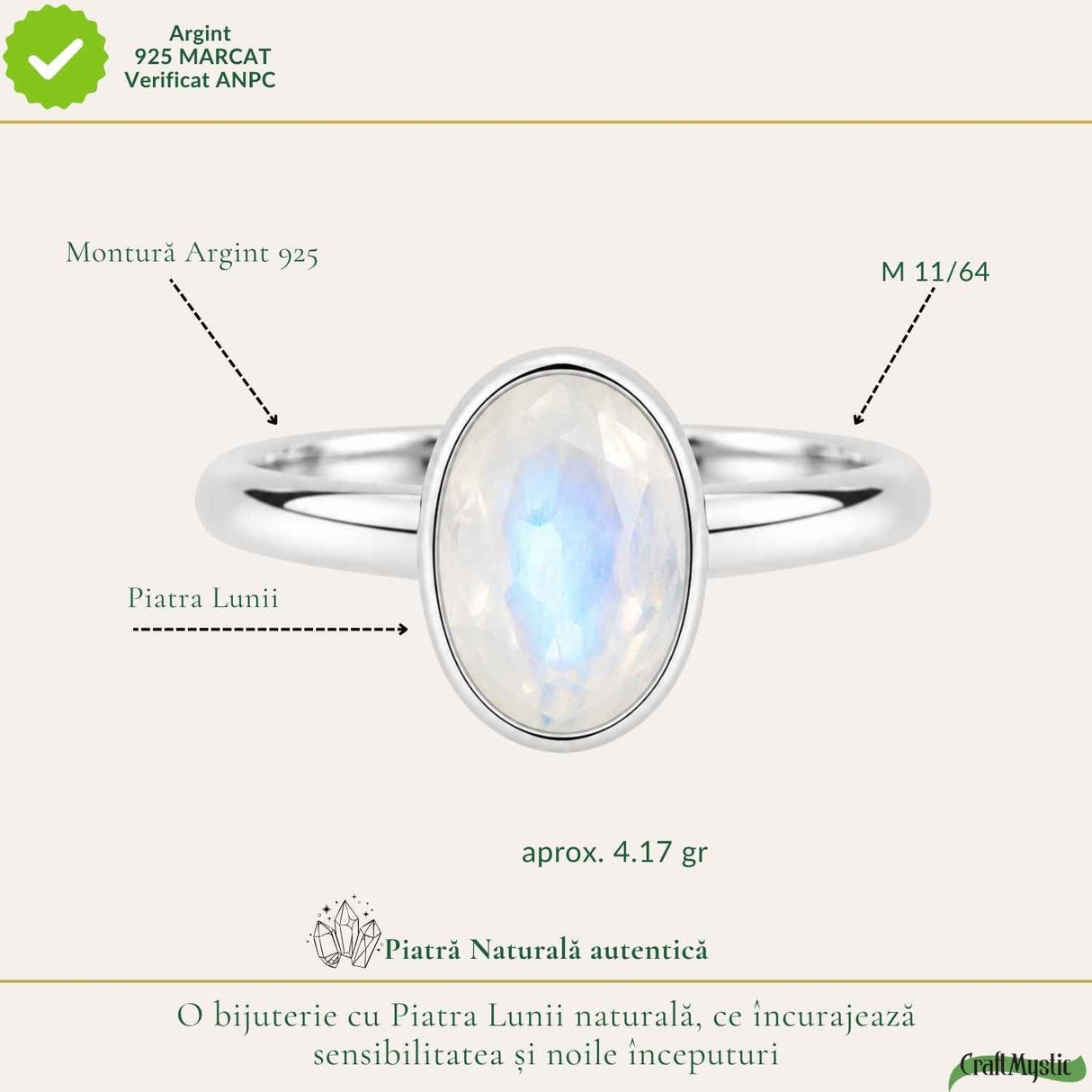 Inel Argint 925 cu Piatra Lunii Natural Fatetata Oval – Intuitie si Armonie