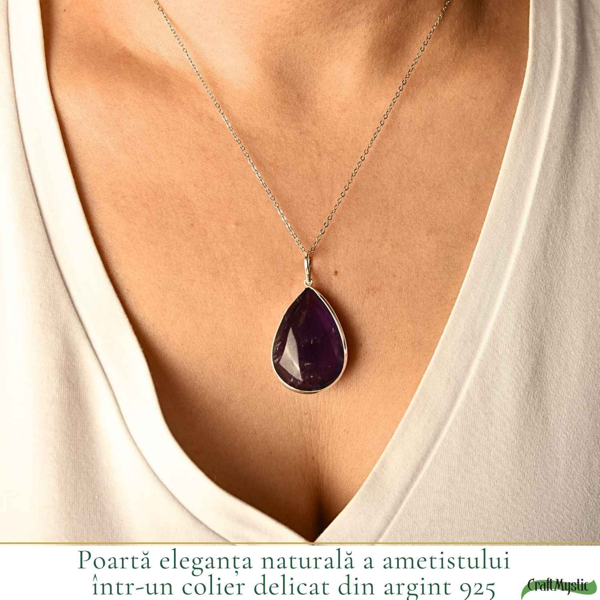 Colier Argint 925 cu Ametist Natural Lacrima – Simbol al Calmului si Echilibrului