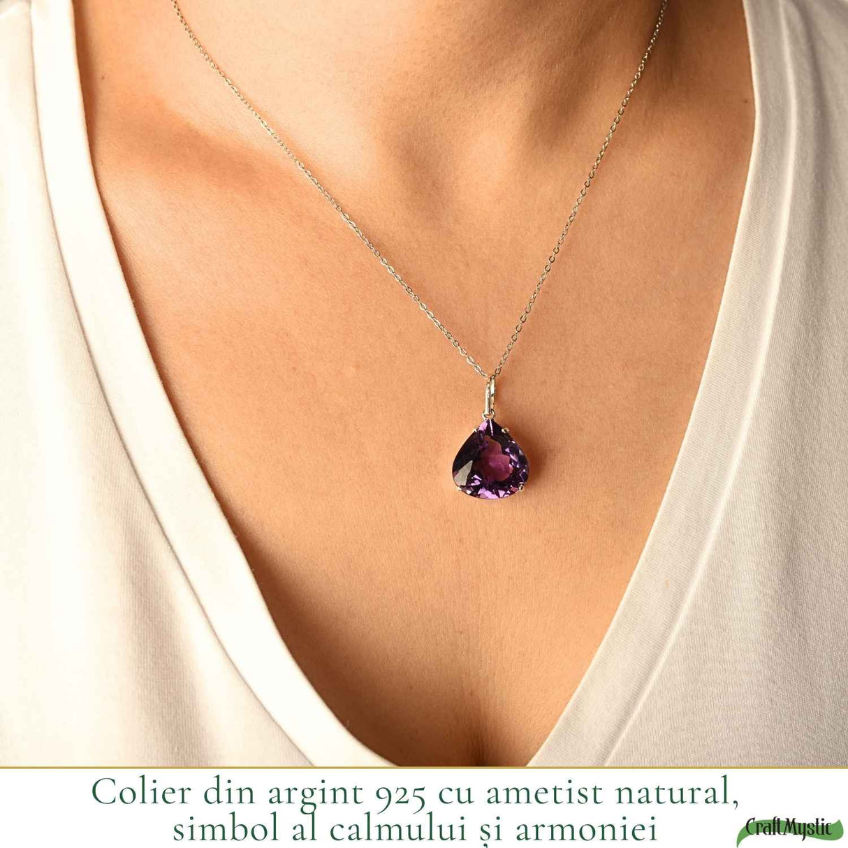 Colier Argint 925 cu Ametist Natural Lacrima fatetat – Simbol al Calmului si Claritatii