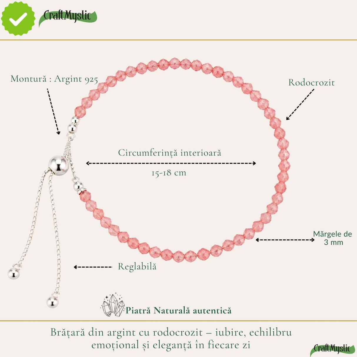Bratara Argint 925 cu Rodocrozit Fatetat Natural 3 mm – Iubire si Echilibru Emotional