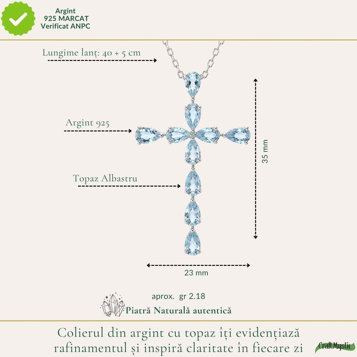 Colier Argint 925 cu Topaz Albastru Natural Fatetat in Forma de Cruce – Claritate si Incredere