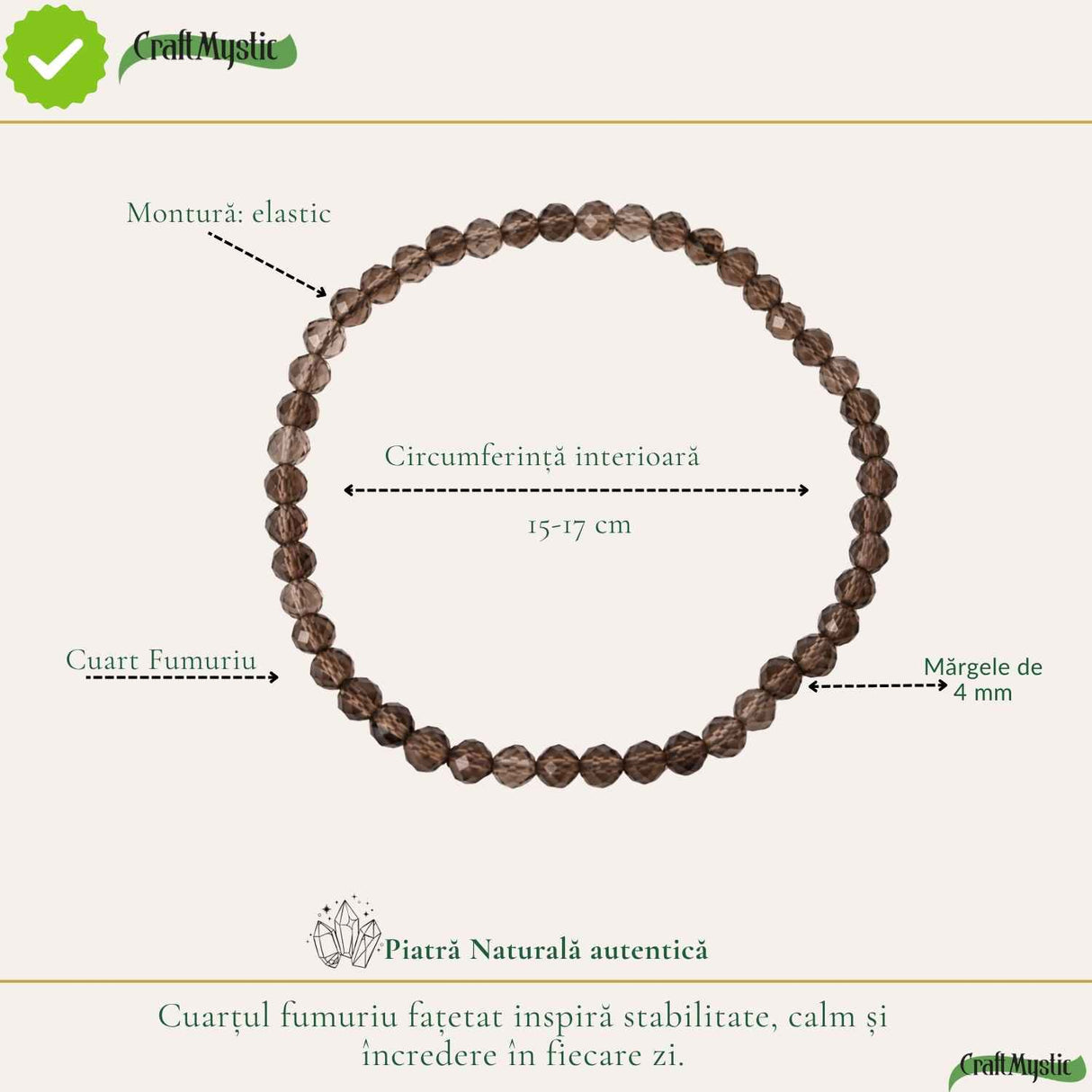 Bratara cu Cuart Fumuriu Fatetat Natural 4 mm – Protectie, Echilibru si Claritate