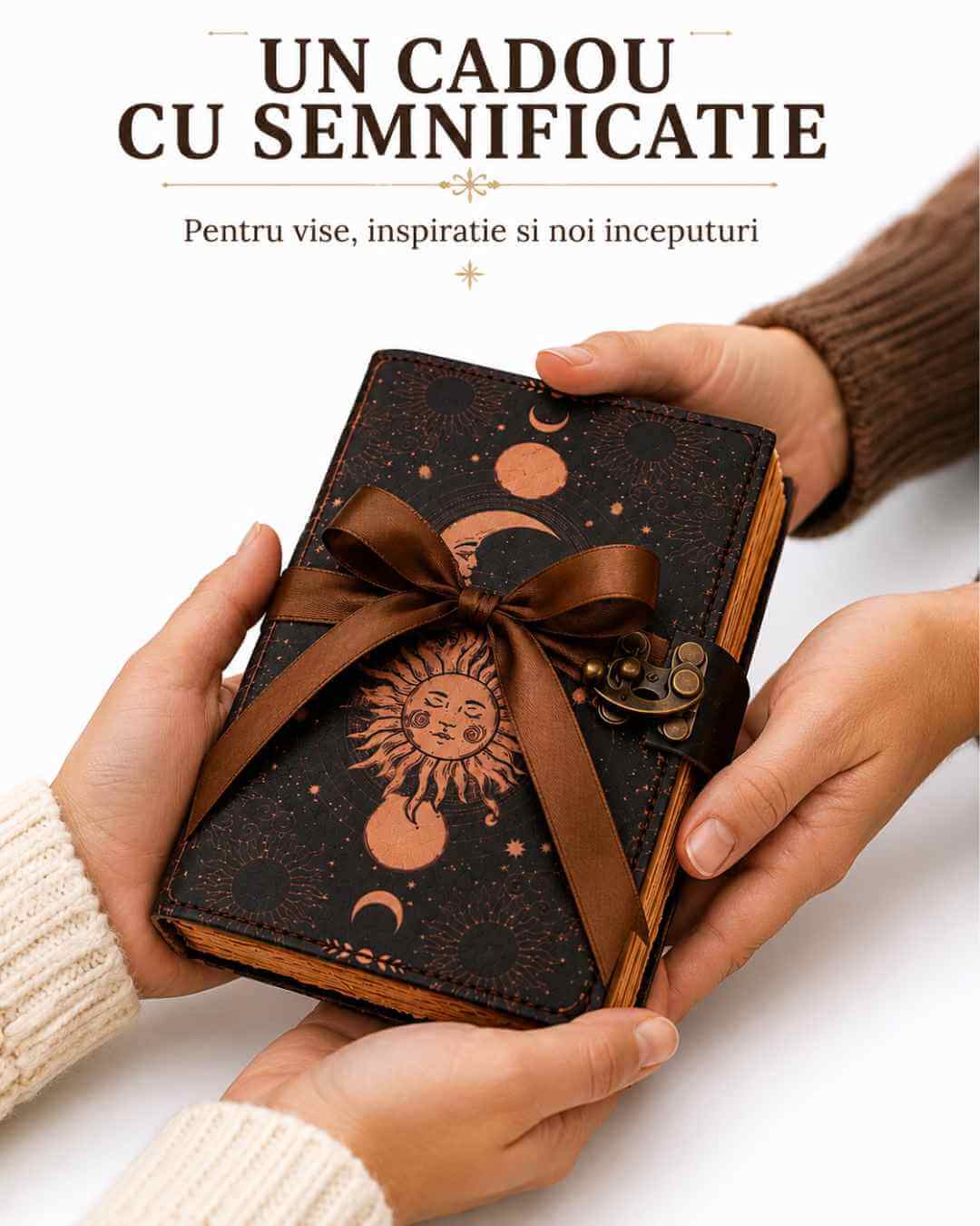 Jurnal Vintage din Piele cu Design Soare și Lună - Manual, cu Pagini de Hârtie tip pergament 190-200 Pagini