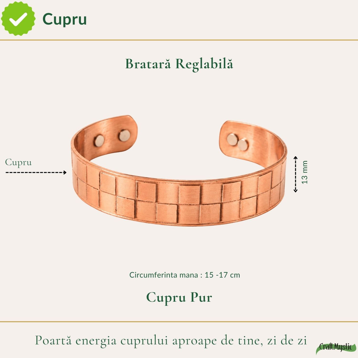 Brățară din cupru cu pătrățele și 4 magneți, unisex