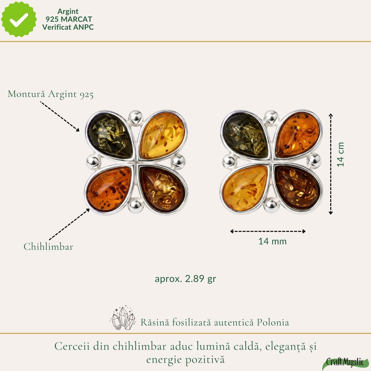 Chihlimbar natural montat în argint 925, formă de floare