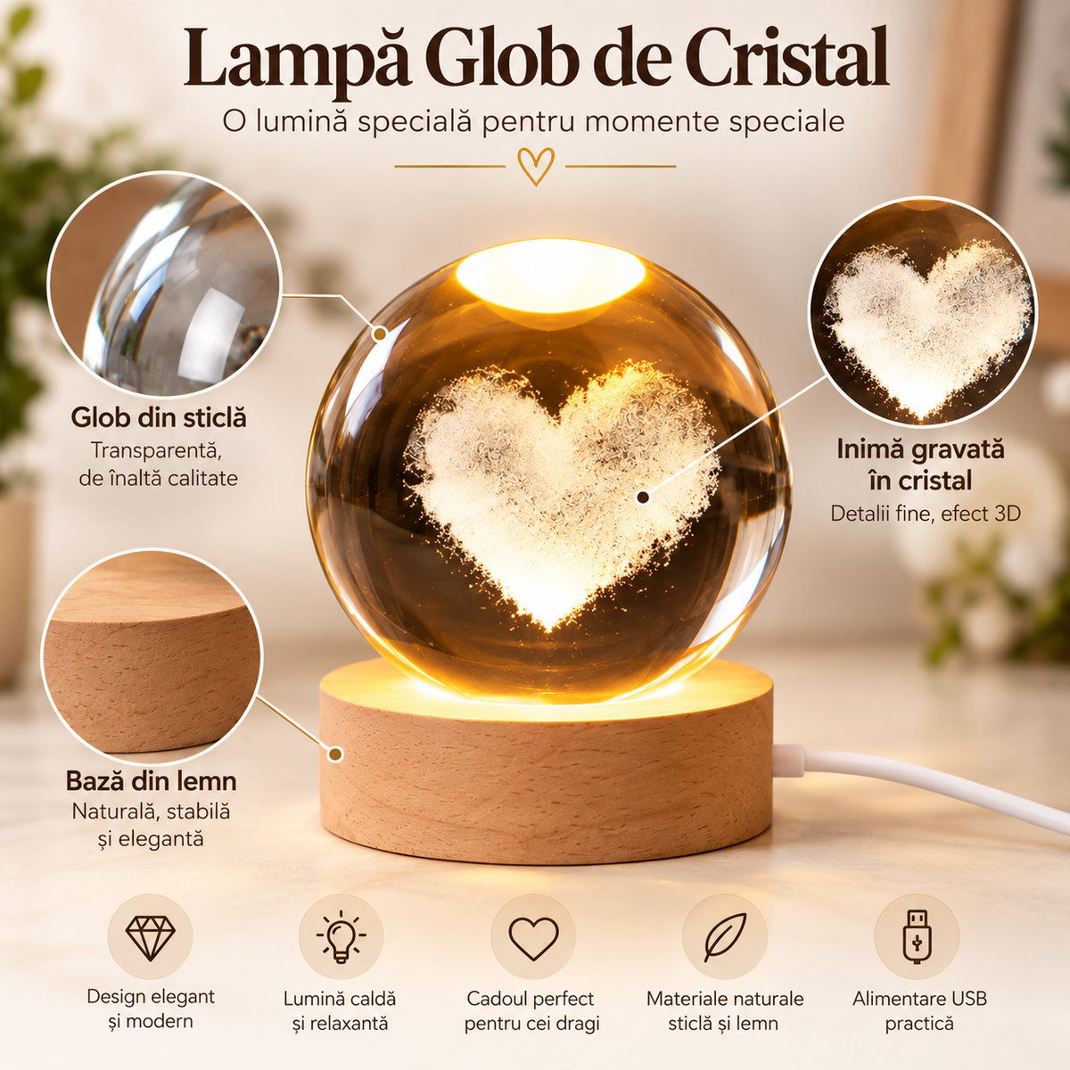 Lampă glob din sticlă cu inimă 3D și bază din lemn