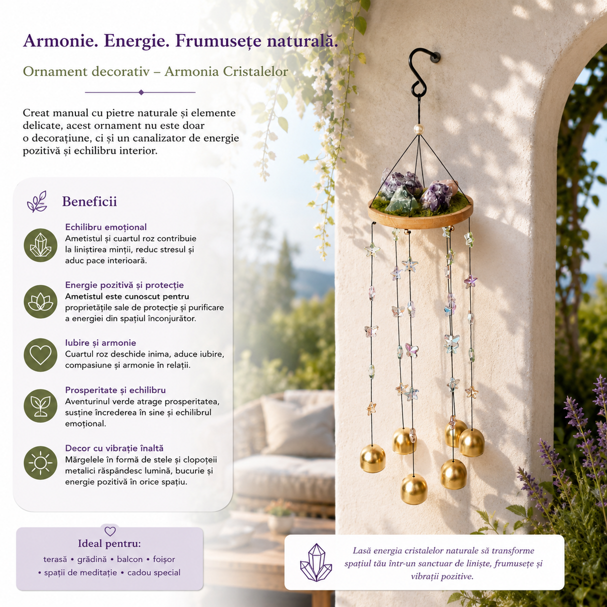 Ornament Decorativ cu Ametist, Cuart Roz și Aventurin Natural – Armonie și Energie Pozitivă
