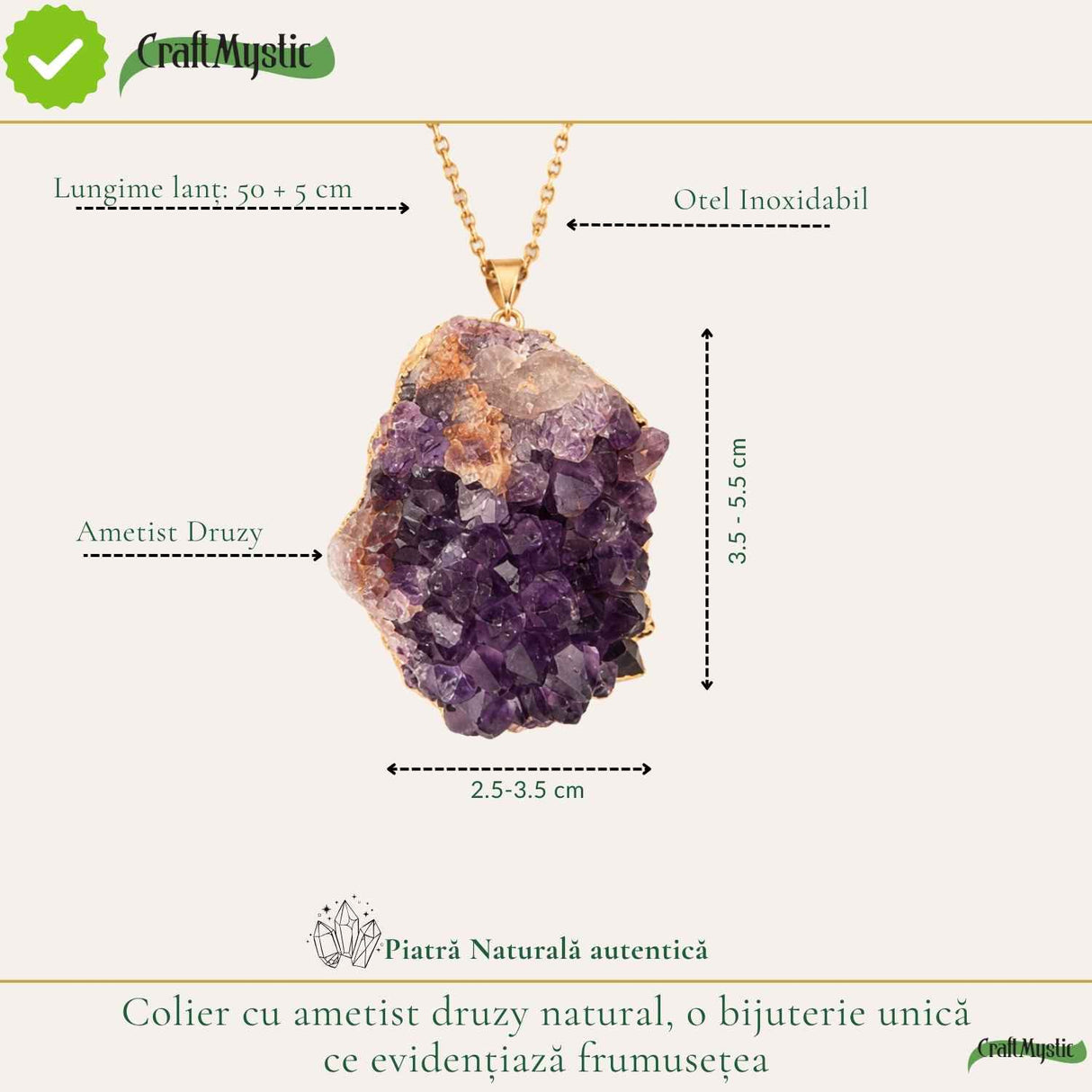 Colier cu ametist druzy natural neuniform, lant otel inoxidabil, pentru echilibru interior