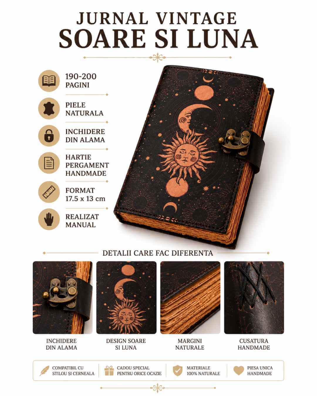 Jurnal Vintage din Piele cu Design Soare și Lună - Manual, cu Pagini de Hârtie tip pergament 190-200 Pagini