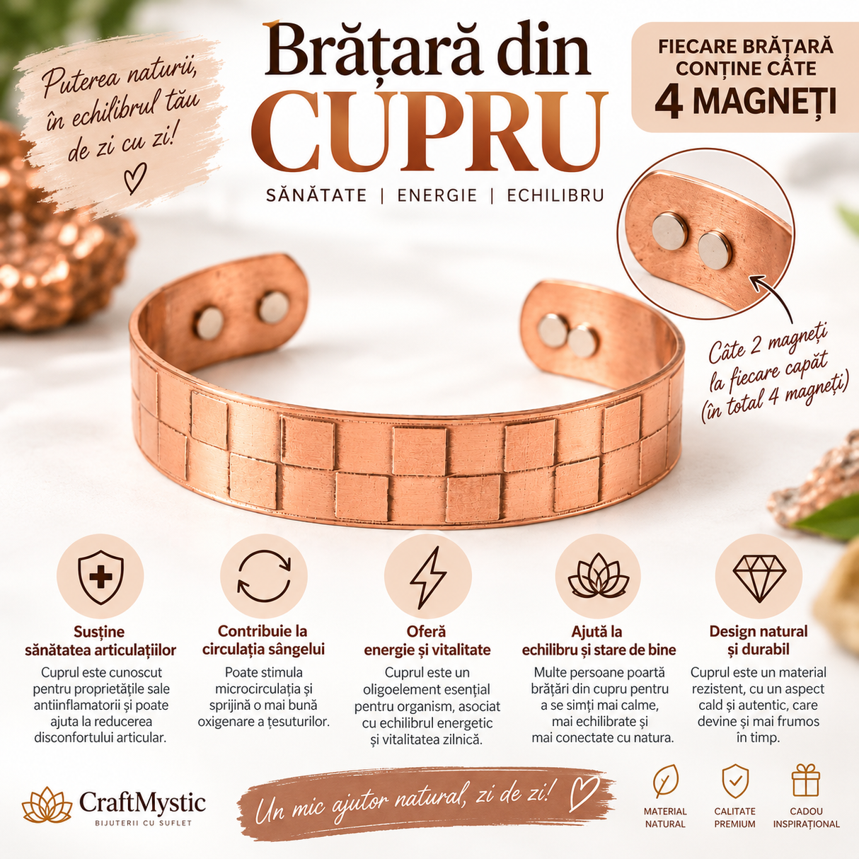 Brățară din cupru cu pătrățele și 4 magneți, unisex