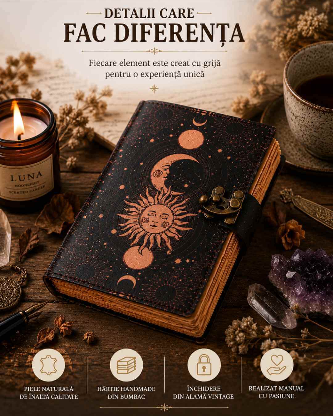 Jurnal Vintage din Piele cu Design Soare și Lună - Manual, cu Pagini de Hârtie tip pergament 190-200 Pagini