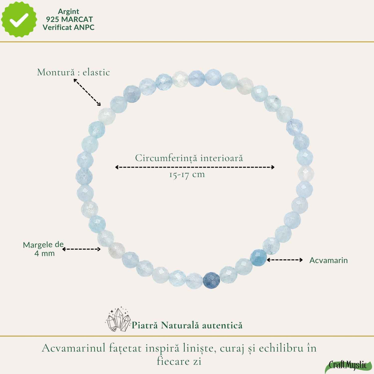 Bratara cu Acvamarin Fatetat Natural 4 mm – Calm, Claritate si Comunicare Autentica