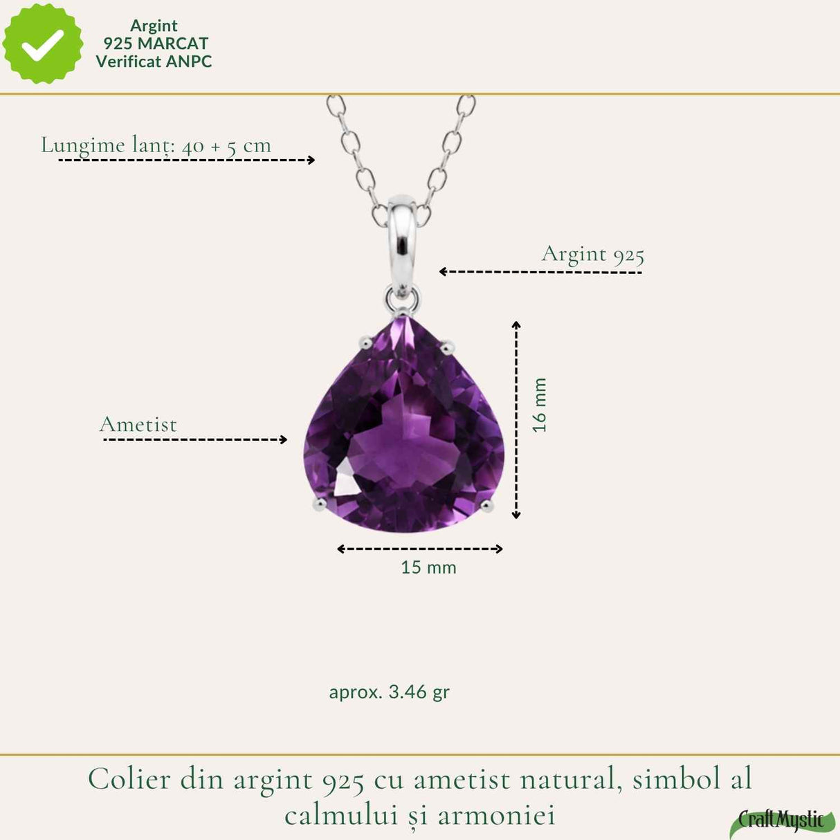 Colier Argint 925 cu Ametist Natural Lacrima fatetat – Simbol al Calmului si Claritatii