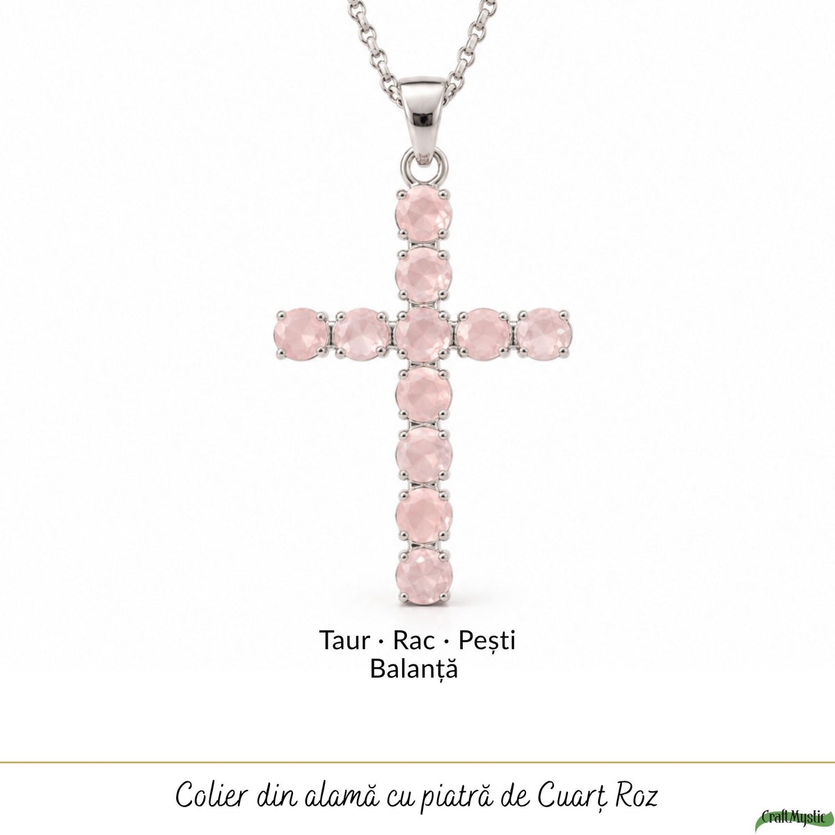 Colier cu Cuarț Roz natural fațetat, pandantiv cruce