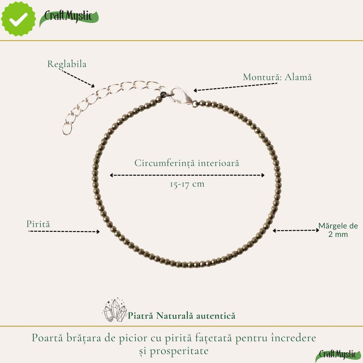 Pirită fațetat, pietre rotunde de 2 mm, pe brățară de picior