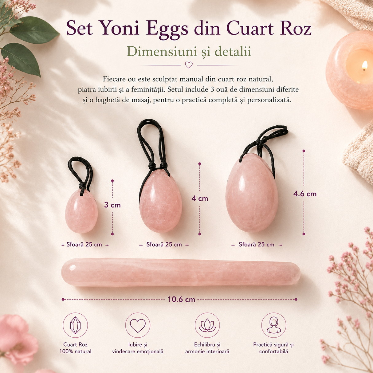 Set Oua Yoni si Bagheta din Cuarț Roz Natural – Feminitate, Armonie si Iubire de Sine