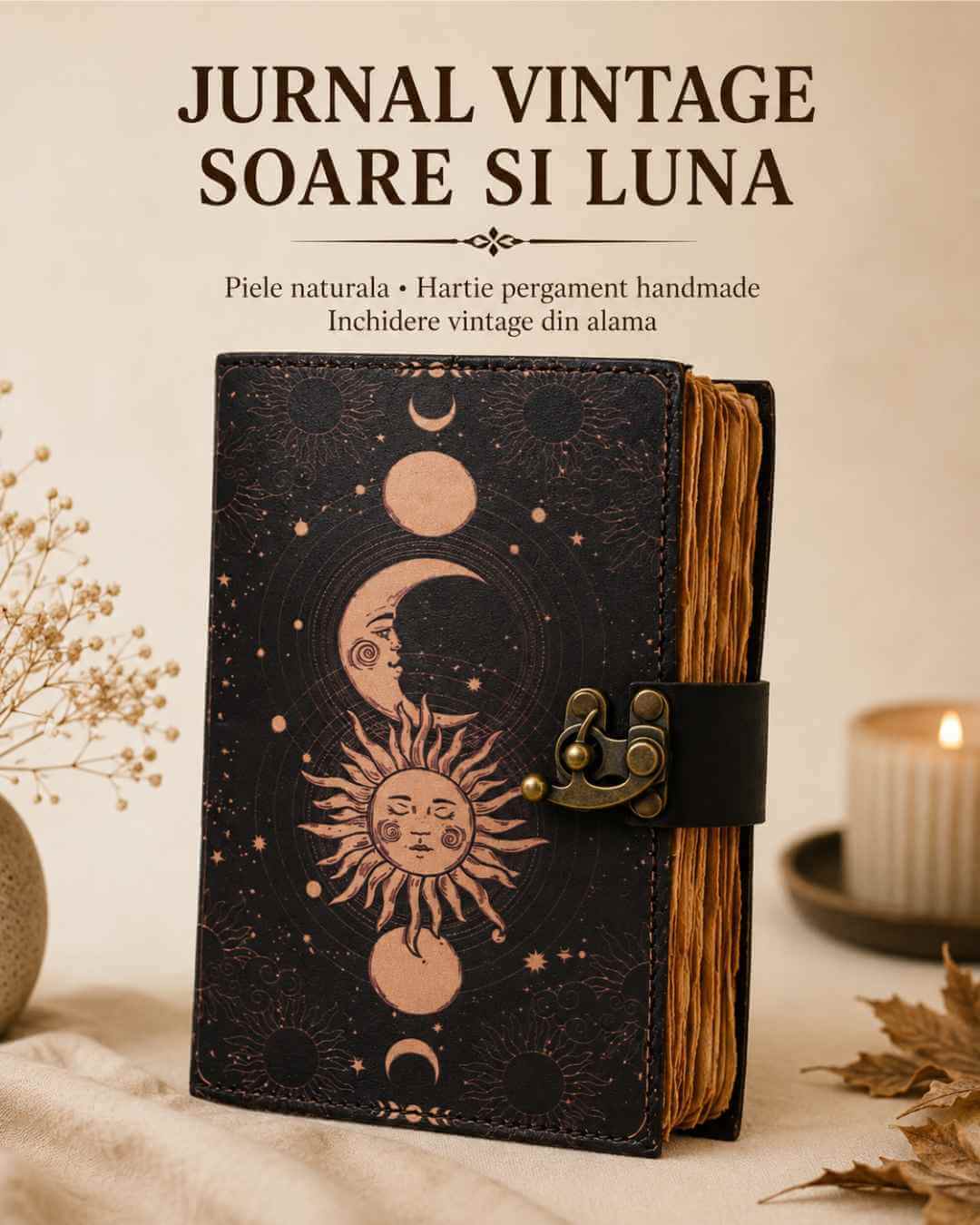 Jurnal Vintage din Piele cu Design Soare și Lună - Manual, cu Pagini de Hârtie tip pergament 190-200 Pagini