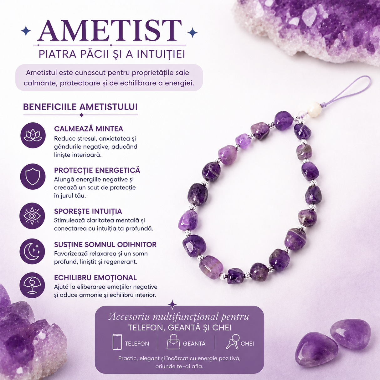 Ametist natural pe charm cu aliaj metalic