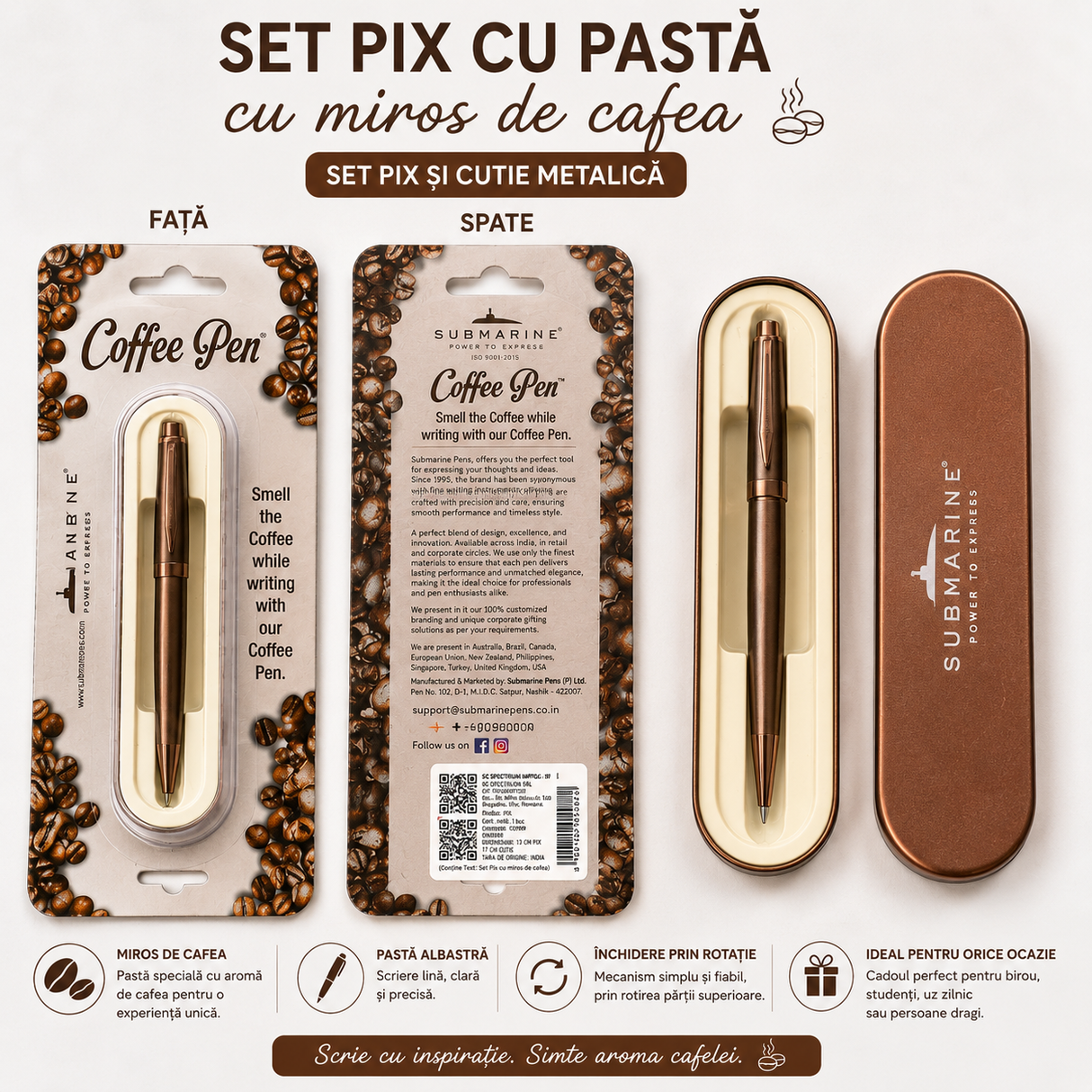 Pix metalic arămiu cu inel striat și pastă parfumată cu cafea