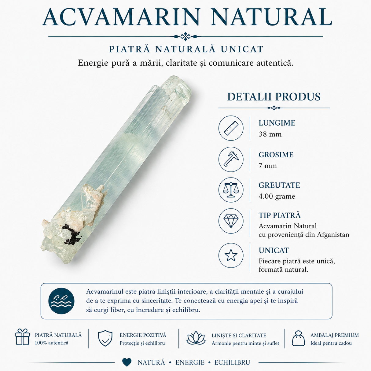 Acvamarin natural brut, nuanțe albastre-verzui, piesă de colecție