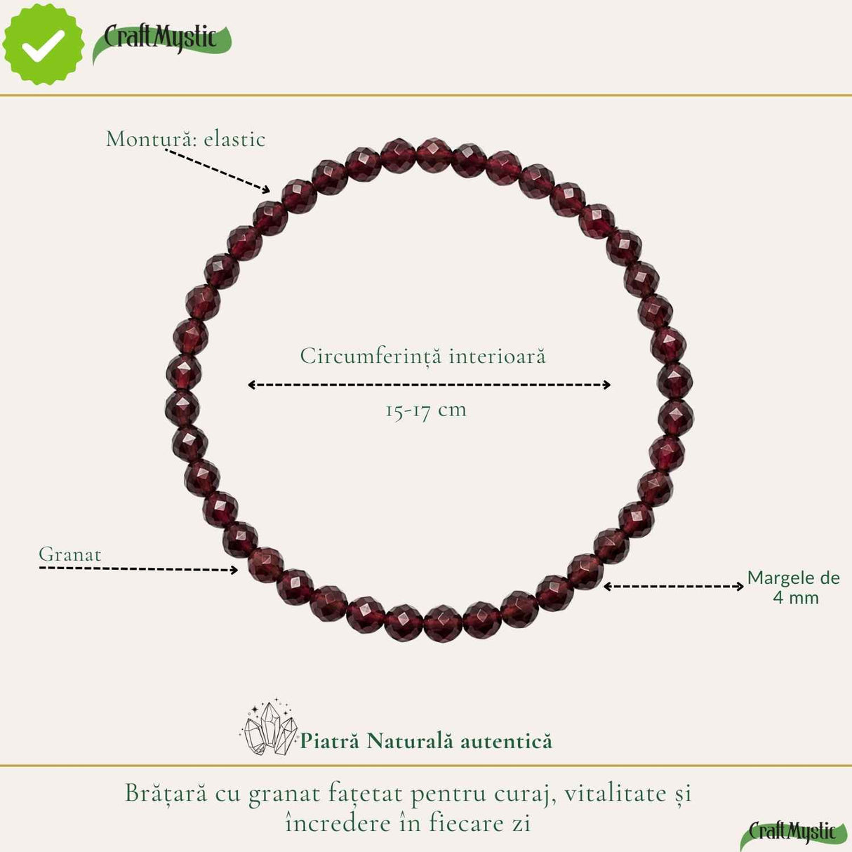 Bratara cu Granat Fatetat Natural 4 mm – Curaj, Vitalitate si Incredere