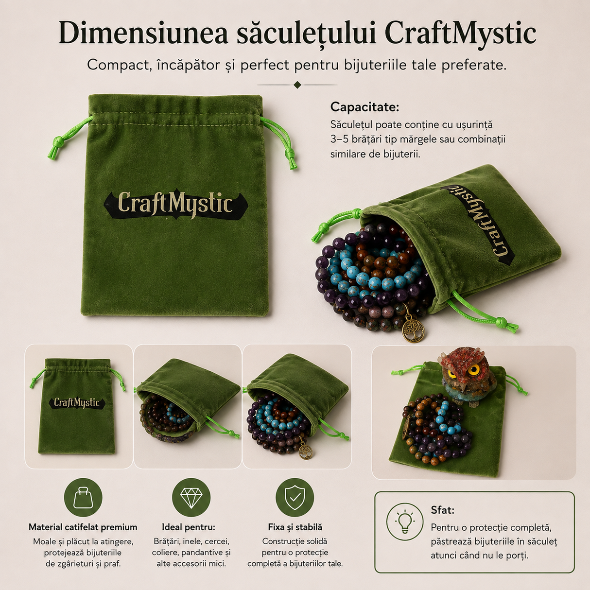 Săculeț de catifea verde 12 x 14 cm pentru bijuterii