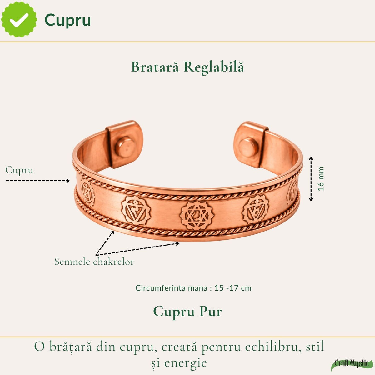 Brățară din cupru cu simbolurile celor 7 chakre