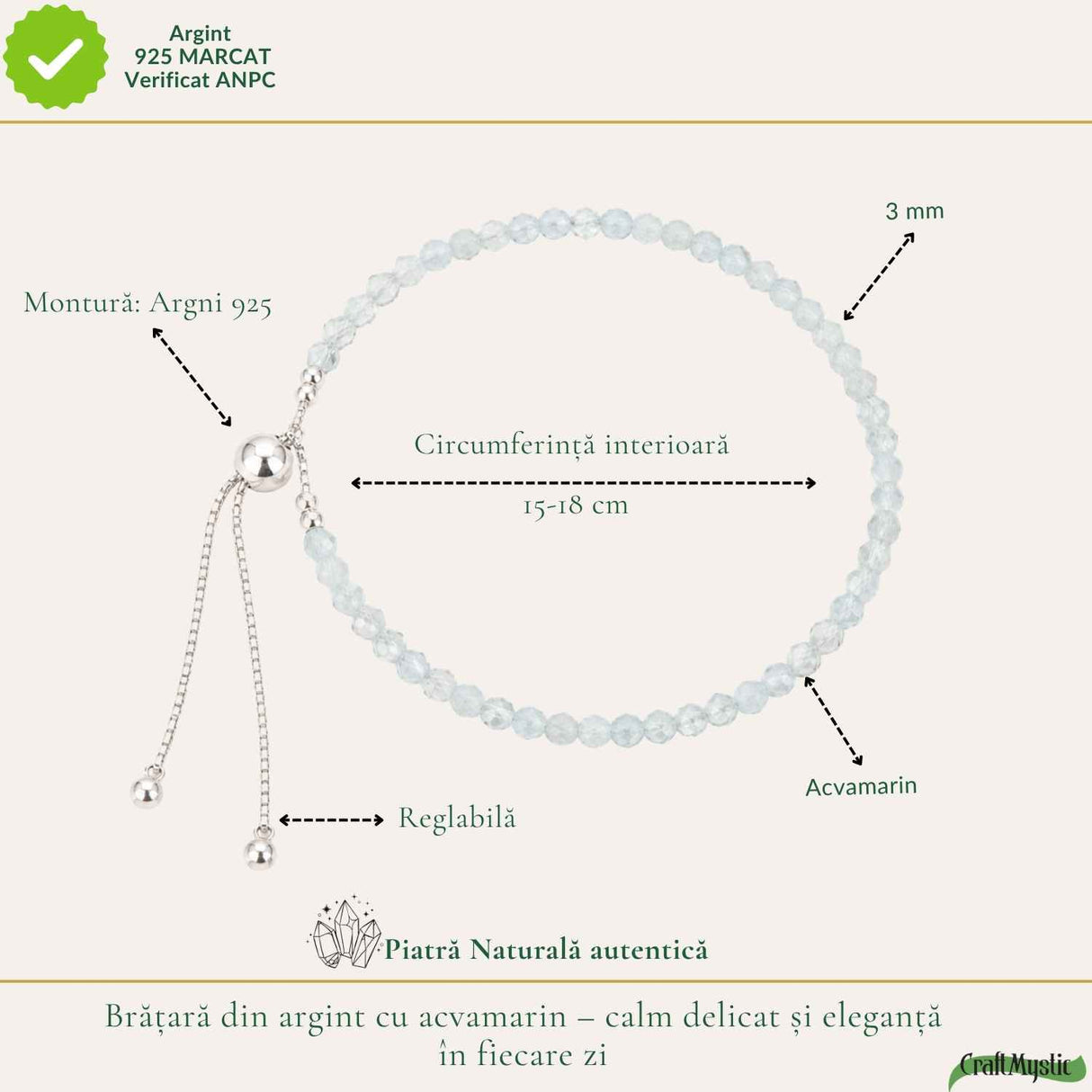Bratara Argint 925 cu Acvamarin Fatetat Natural 3 mm – Calm si Claritate Interioara