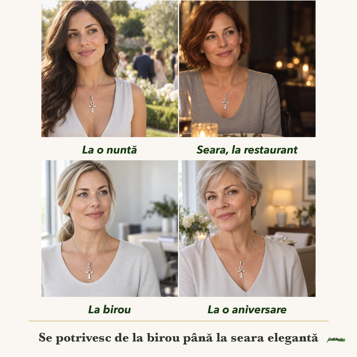 Colier cu Moldavit purtați de patru femei, la nuntă, seara, la birou și la o aniversare
