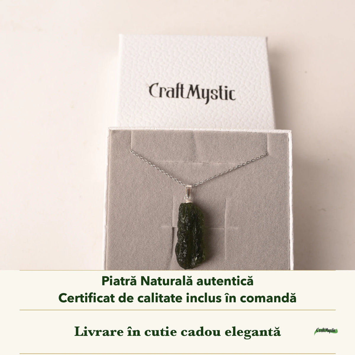 Colier cu Moldavit în cutia cadou CraftMystic, cu certificatul de calitate