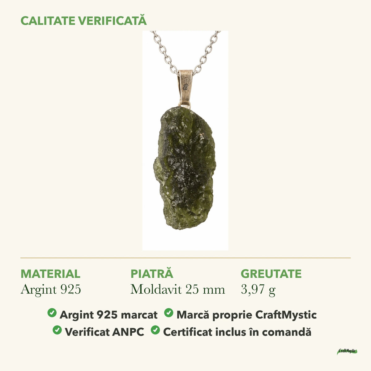 Colier cu Moldavit: material, dimensiunea pietrei, greutate și marcajul 925