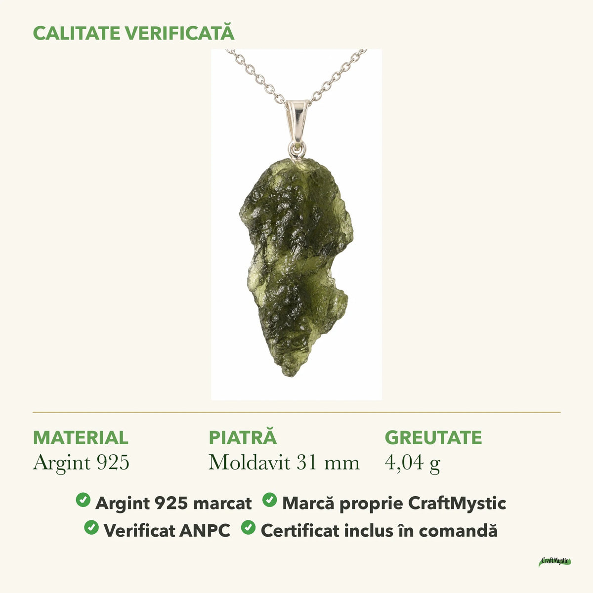 Colier cu Moldavit: material, dimensiunea pietrei, greutate și marcajul 925