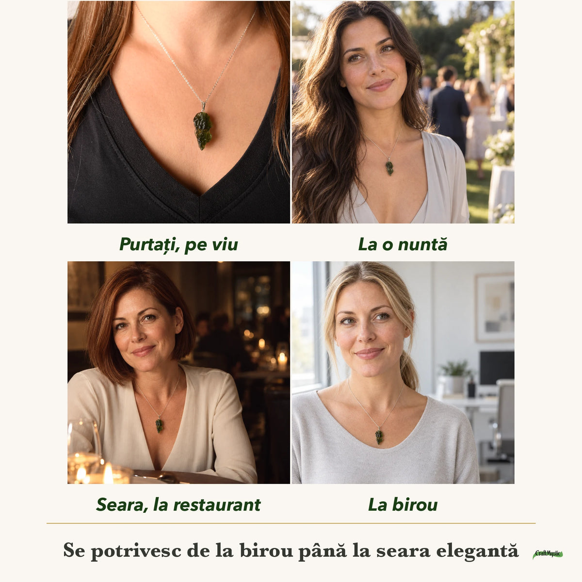 Colier cu Moldavit purtați de patru femei, la nuntă, seara, la birou și la o aniversare