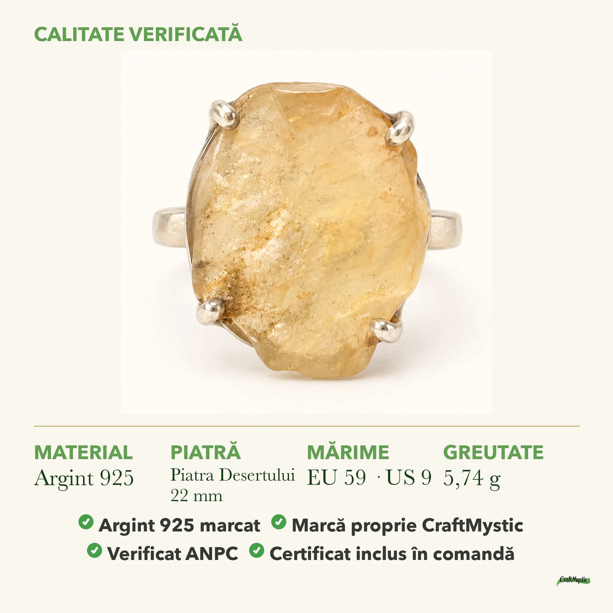 Inel cu Piatra Desertului: material, dimensiunea pietrei, greutate și marcajul 925