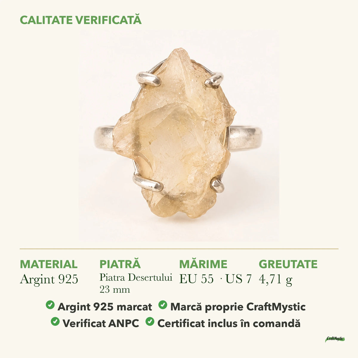 Inel cu Piatra Desertului: material, dimensiunea pietrei, greutate și marcajul 925